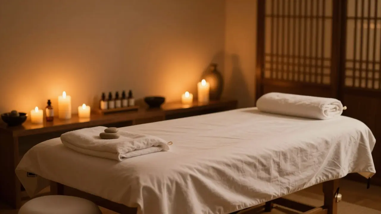 Klidný interiér terapeutické místnosti se svíčkami a masážním stolem v teplém osvětlení.