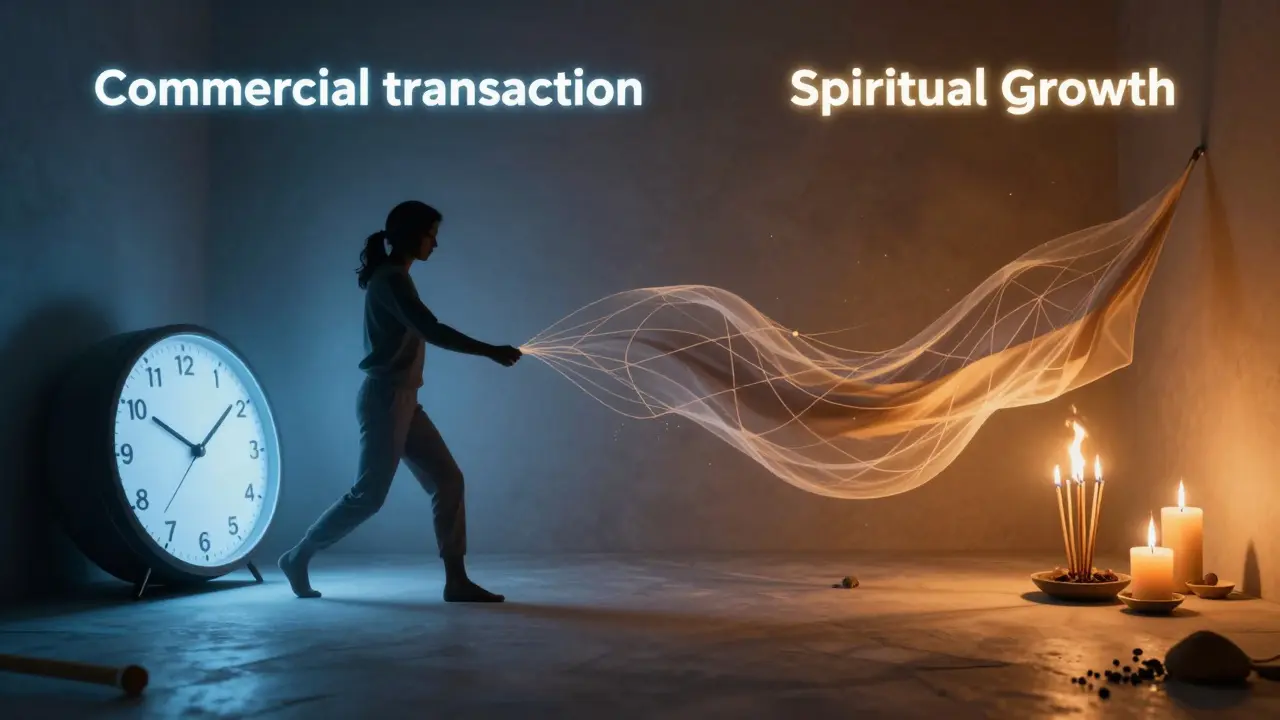 Konceptuální obraz přechodu od sterilního komerčního prostoru k teplému spirituálnímu prostoru.