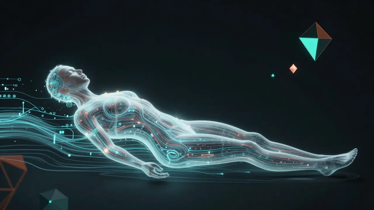 Konceptuální obraz spojení energetického toku prany a moderní biozpětné vazby.