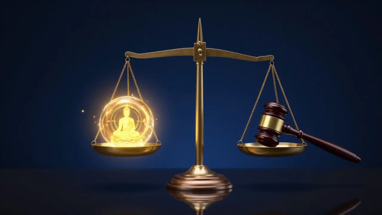 Konceptuální obraz vah s energetickou koulí a soudnívým kladivem.