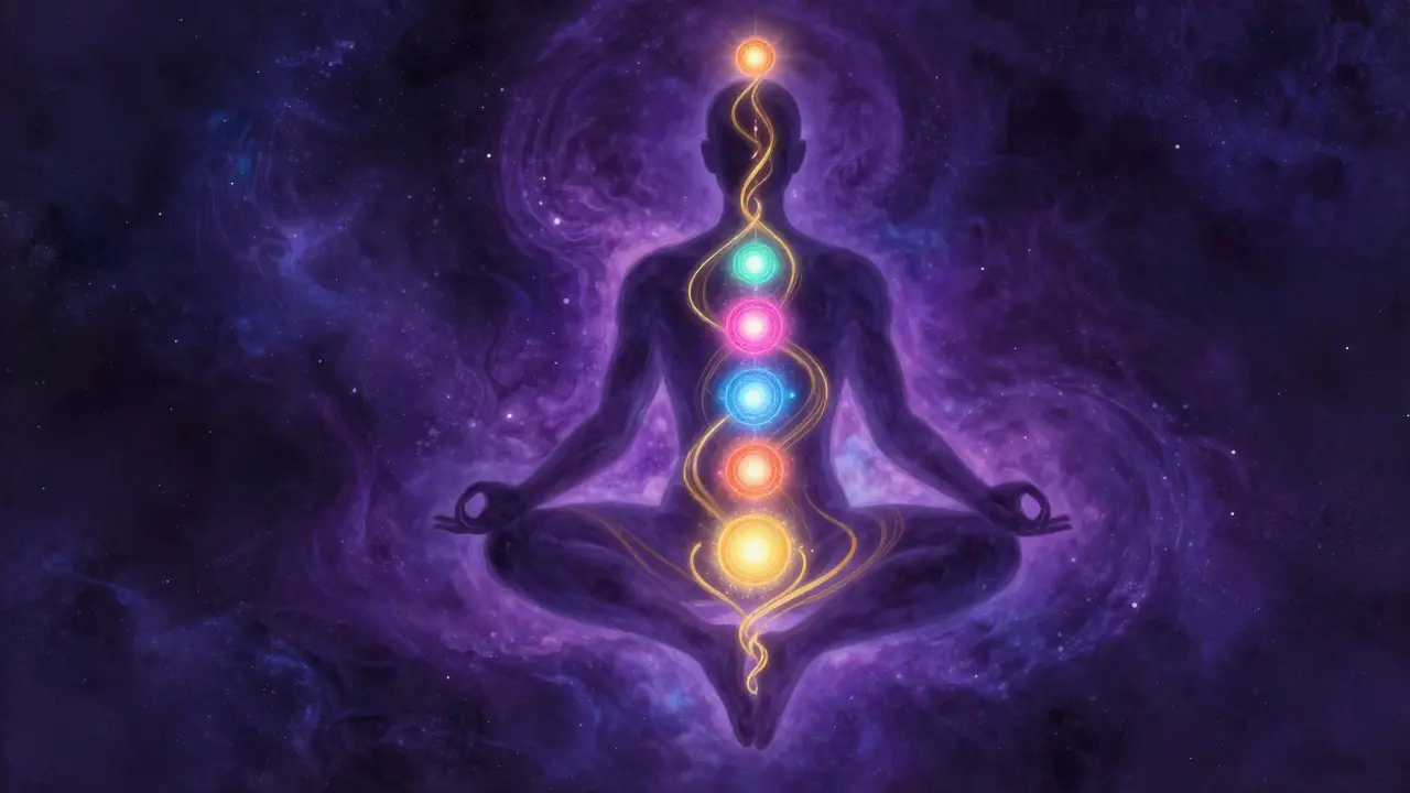 Konceptuální zobrazení čaker a energetického toku v lidském těle.