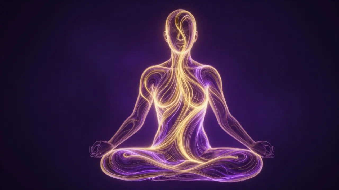 Konceptuální zobrazení zlaté energie proudící skrze tělo během hlubokého dýchání.