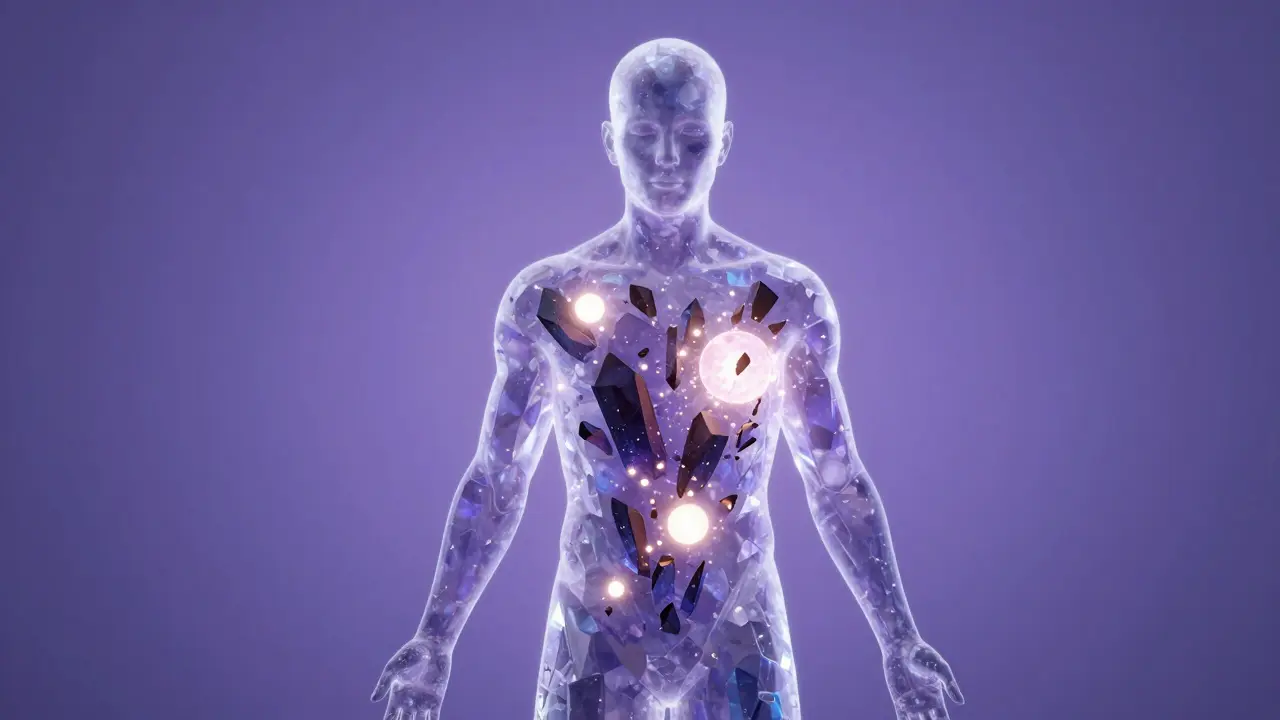 Krystalická silueta člověka s rozpouštějícími se energetickými bloky.