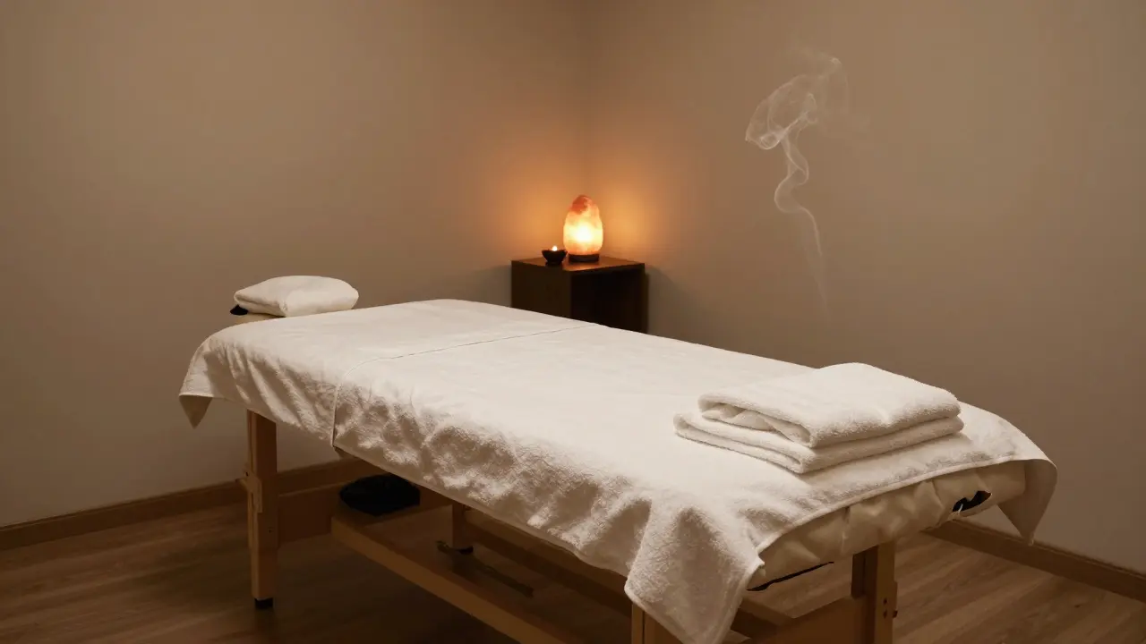 Profesionálně vybavená masážní místnost s relaxační atmosférou.