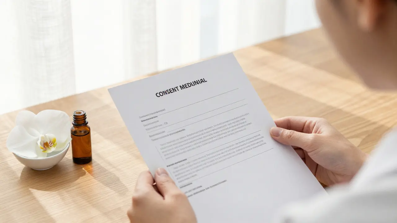 Profesionální dokument s informovaným souhlasem v minimalistickém wellness studiu.