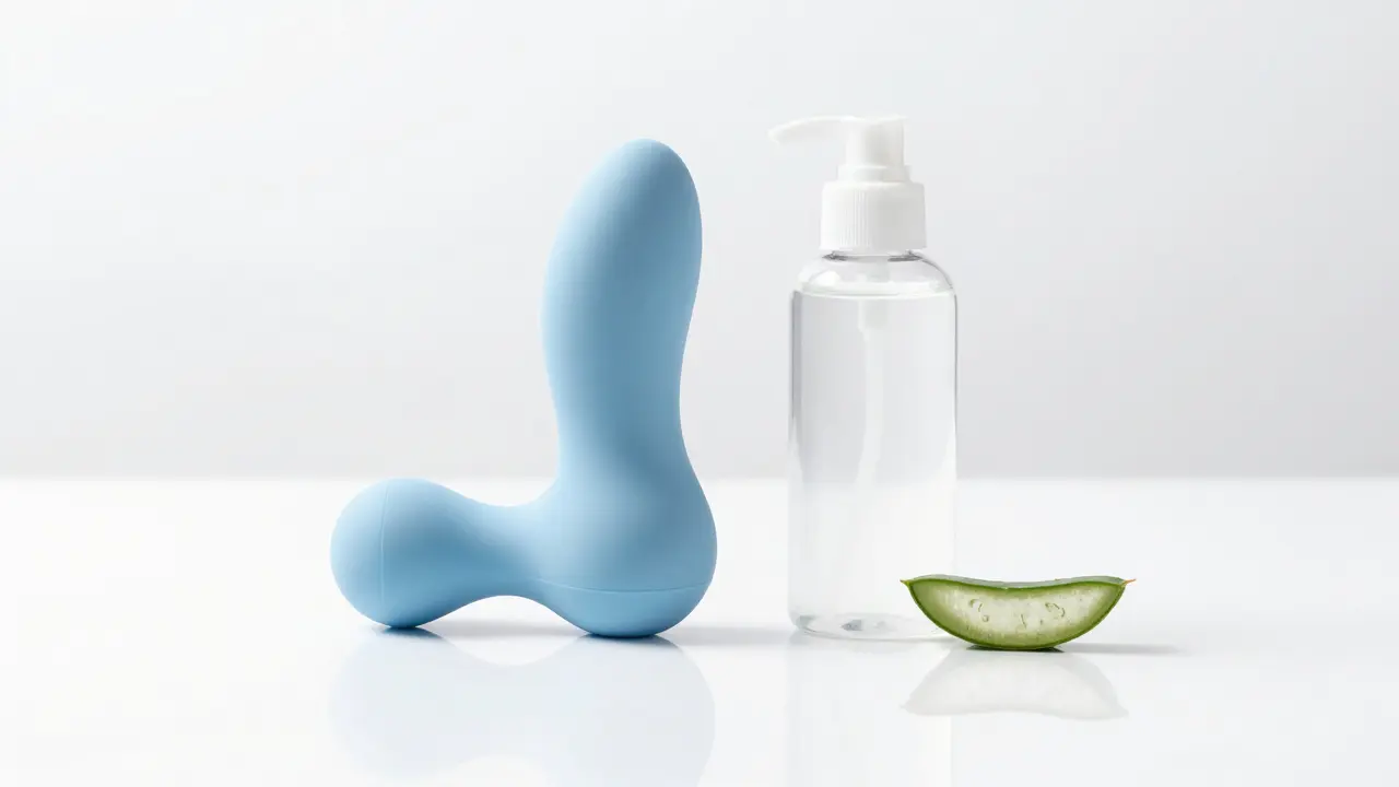 Silikonová pomůcka pro masáž prostaty s lubrikantem na bílém podkladu.