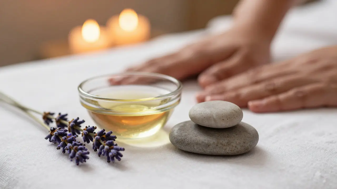 Svojítý detail aromatického oleje a levandule v relaxačním prostředí.