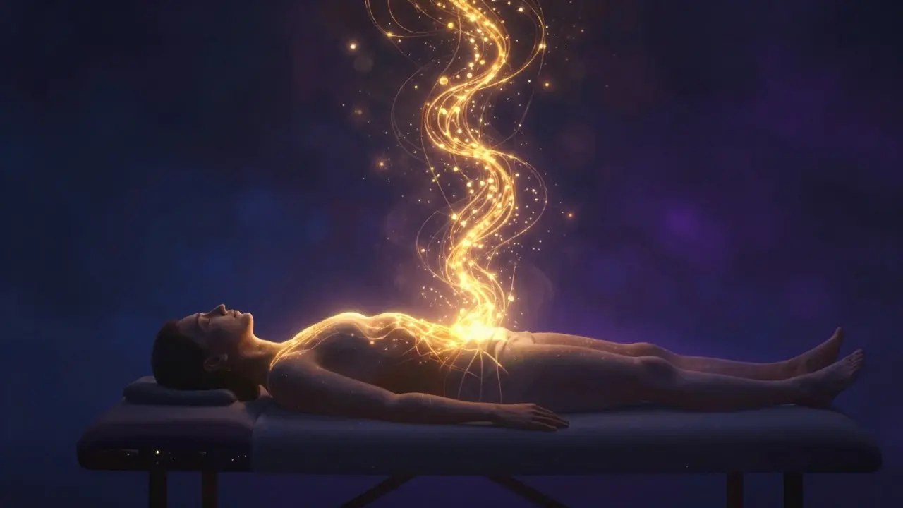 Ilustrace proudění zlaté energie v těle během meditativní masáže.