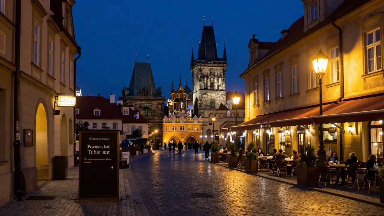 Noční pohled na Staré Město v Praze s historickou architekturou
