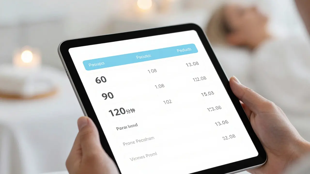 Tablet s přehledným ceníkem masáží na pozadí lázní