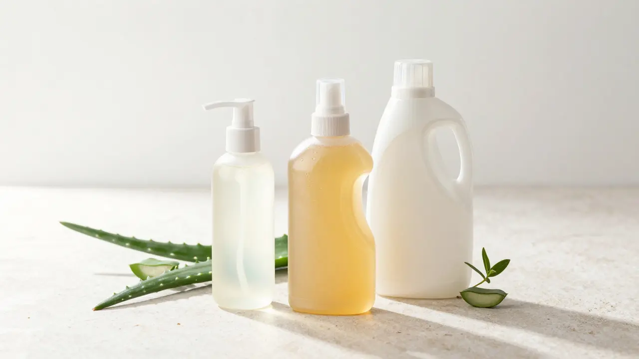 Tři typy lubrikantů s listem aloe vera na kamenném povrchu