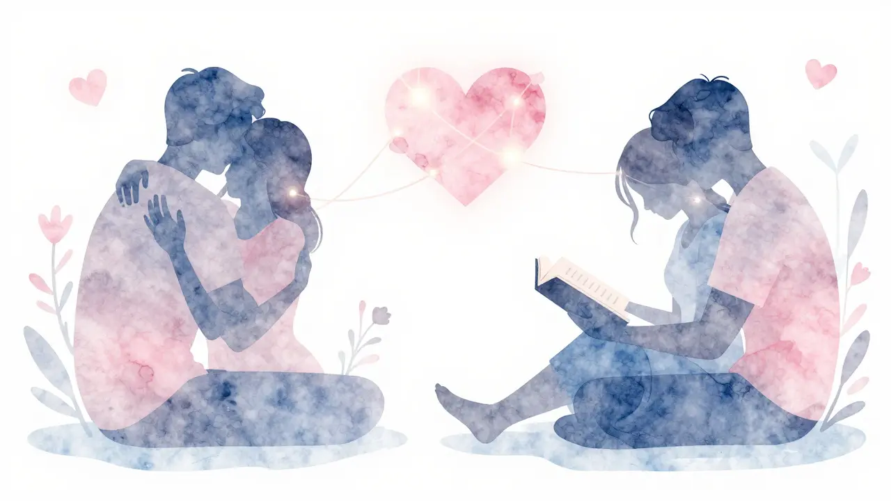 Konceptuální ilustrace každodenních gest něhy a emocionální propojenosti.