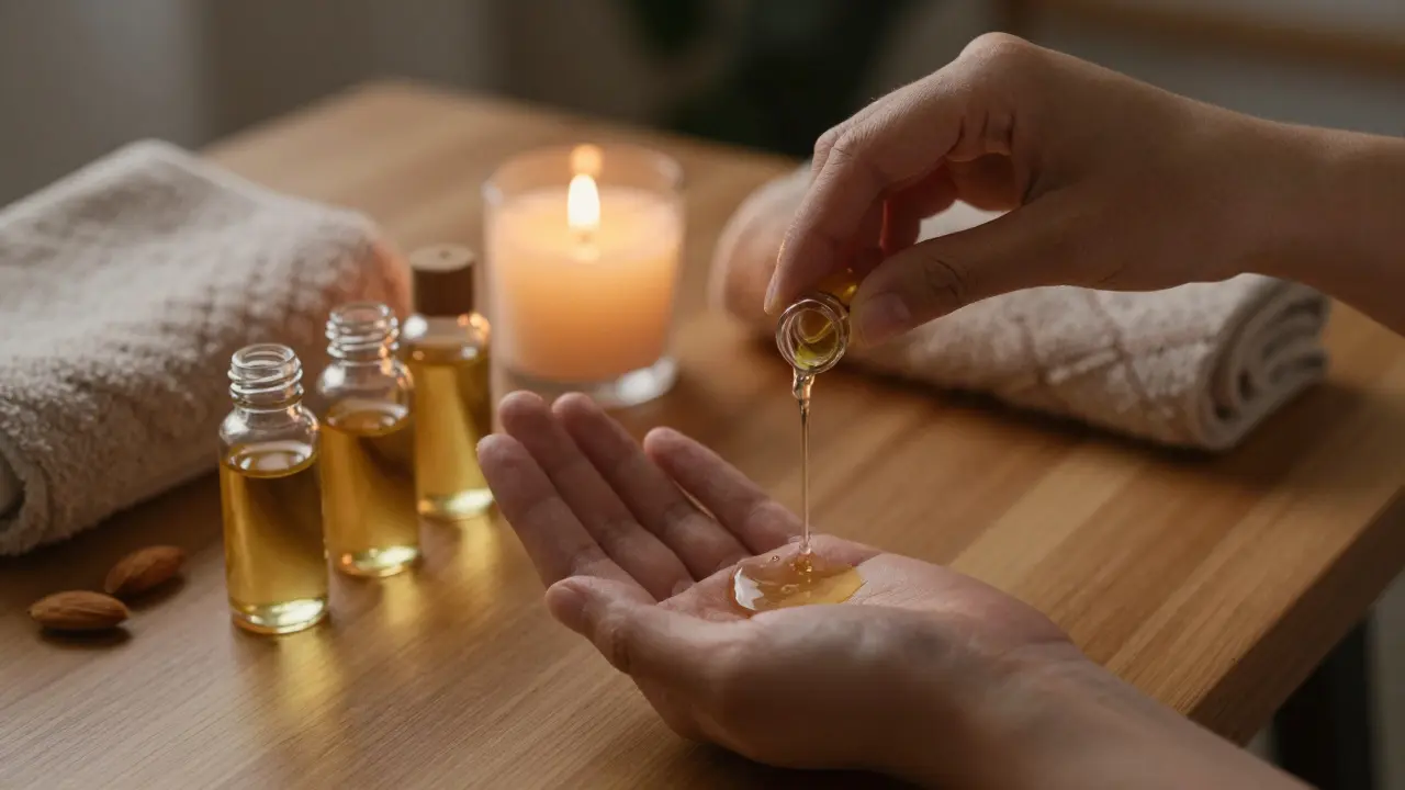 Přírodní oleje a svíčka připravené pro relaxační masáž doma