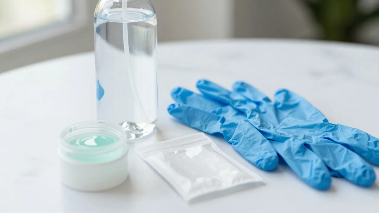 Hygienické pomůcky na mramorové desce: lubrikant a rukavice