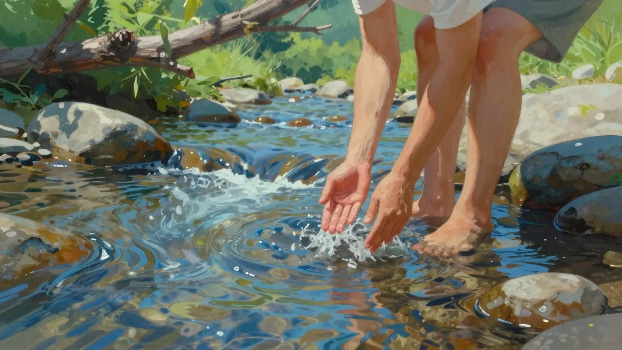 Ilustrace postavy u potoka provádějící rituál čištění rukama ve vodě