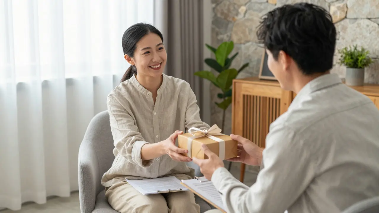 Therapist handing a gift to a client in a private consultation room