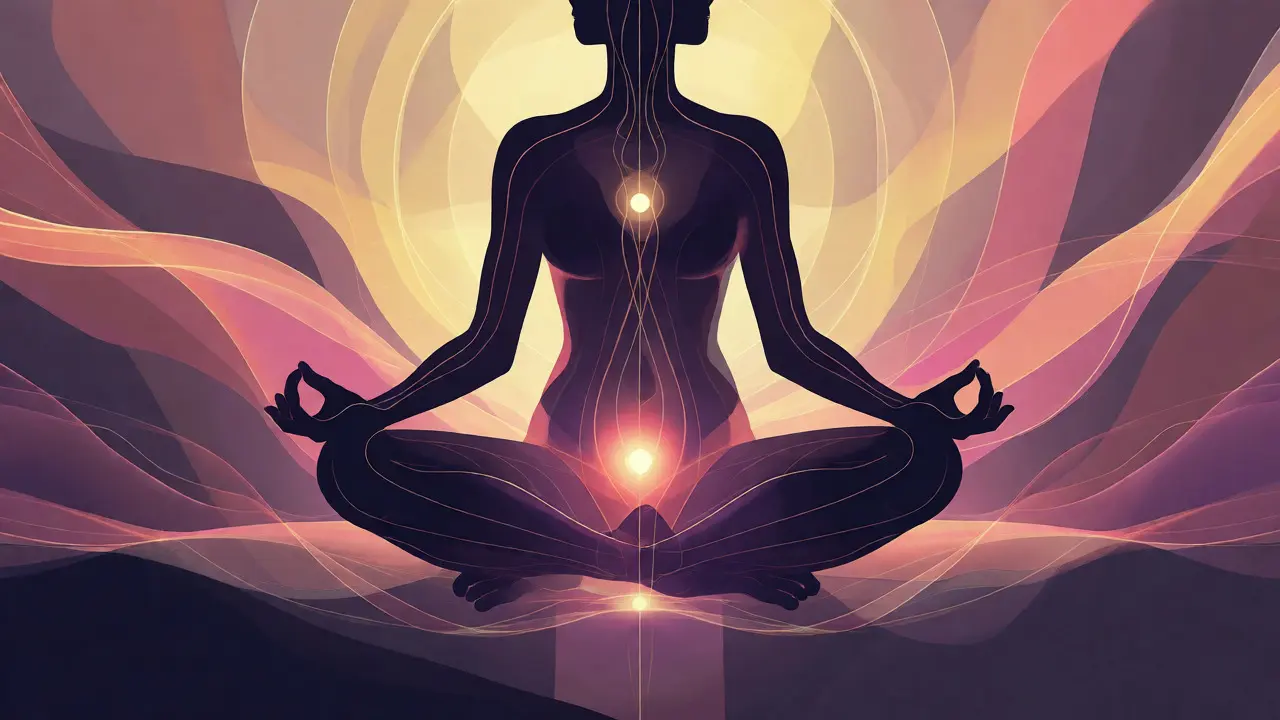 Konceptuální ilustrace ženské energie a meditační pozice