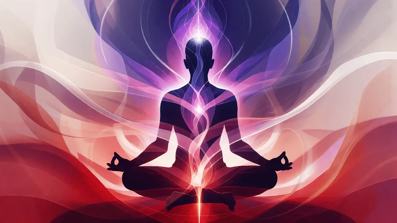 Konceptuální vizualizace toku energie a čaker kolem meditační postavy