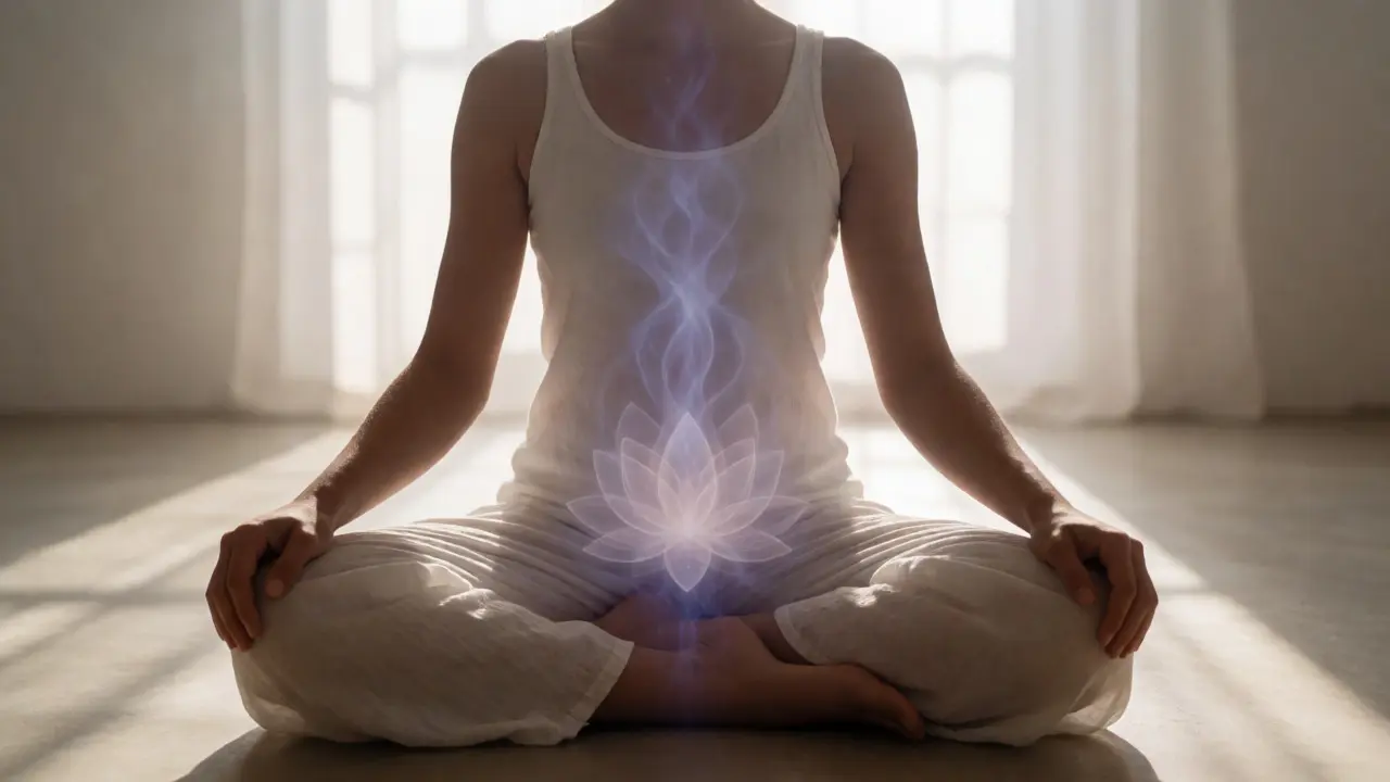 Osoba v meditaci s vizualizací probuzení energie v páteři